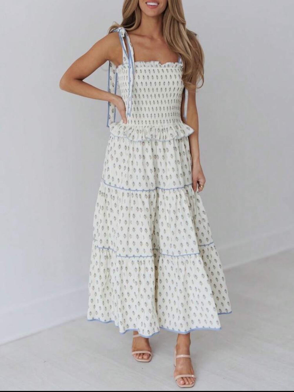 Smocked Tiered Maxi Dress in Cream with Blue Accent